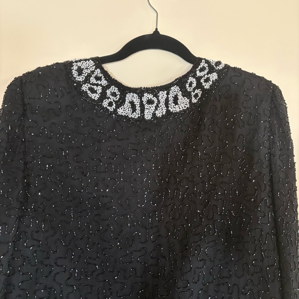 Landmark 100% Silk Hand-Beaded Evening Jacket – Black & White Medium/Large - Picture 5 of 10